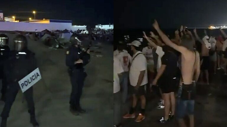 Cientos de ceutíes tratan de expulsar de la playa del Trampolín a los invasores: los antidisturbios se interponen